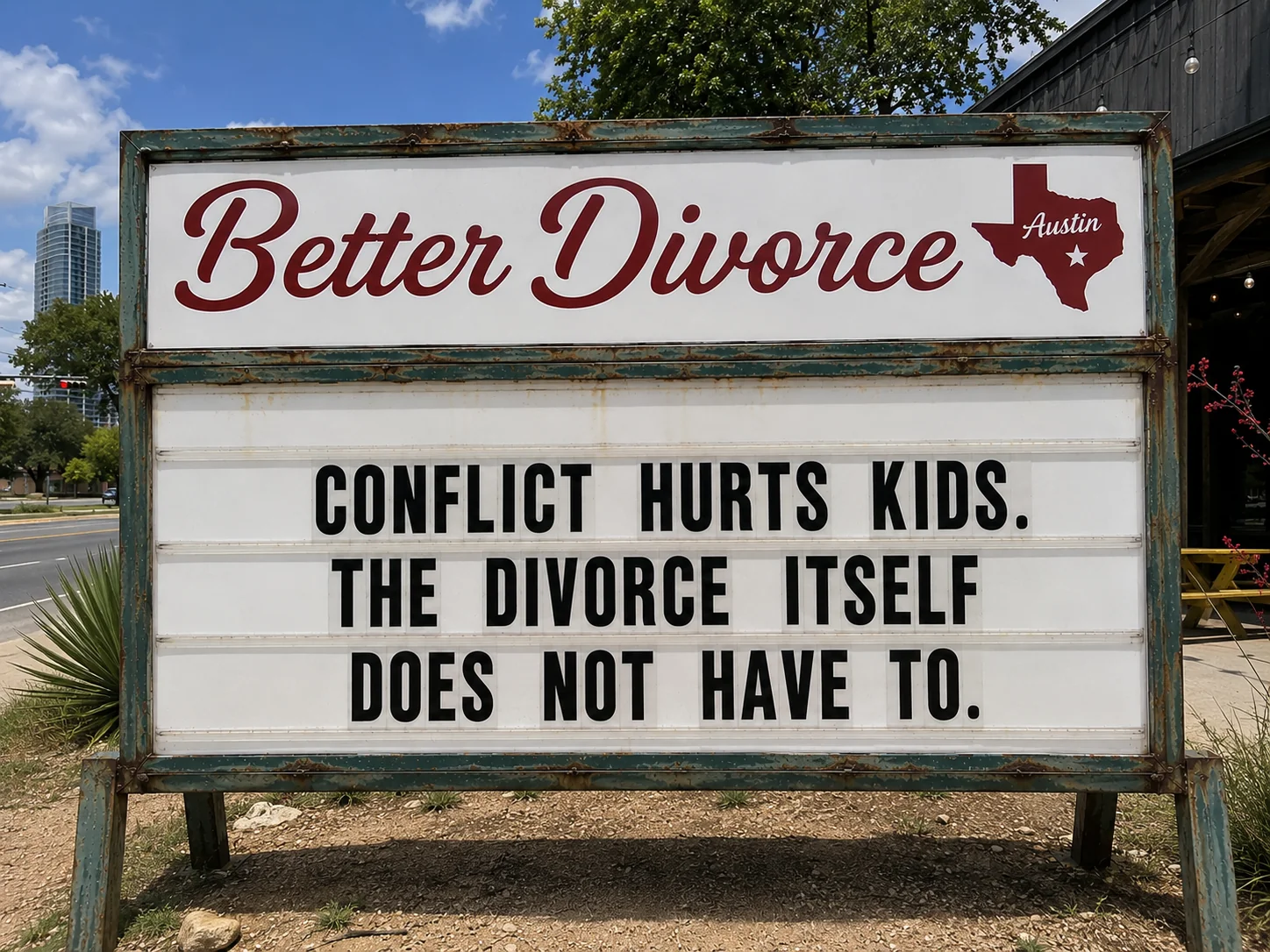 Better Divorce Austin marquee sign — entry point: Custody.
